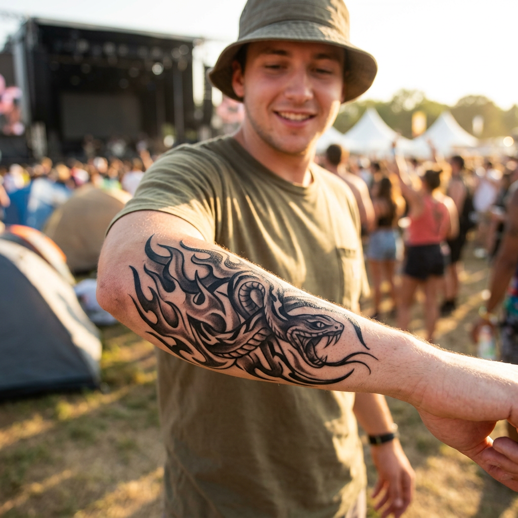 Festival guest showing a bold black and grey snake and flames temporary airbrush tattoo on his forearm