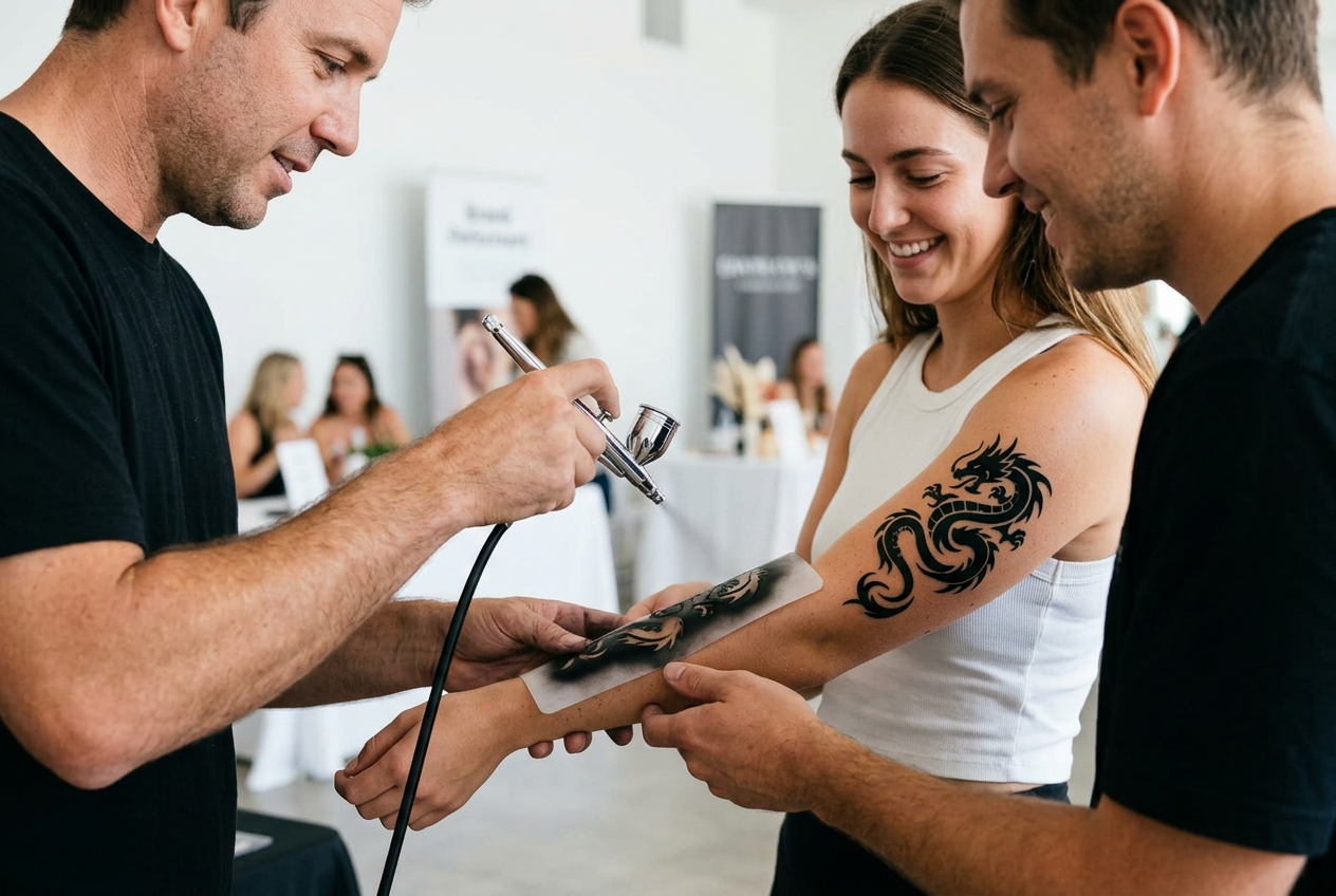 Guests laughing while an artist sprays a black tribal dragon airbrush tattoo onto a woman’s arm at a bright indoor event