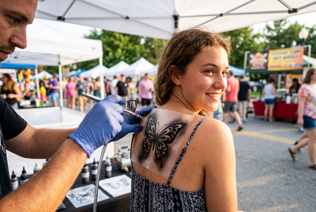 An artist in gloves sprays a black butterfly airbrush tattoo through a clear stencil on a guest’s shoulder at an outdoor festival