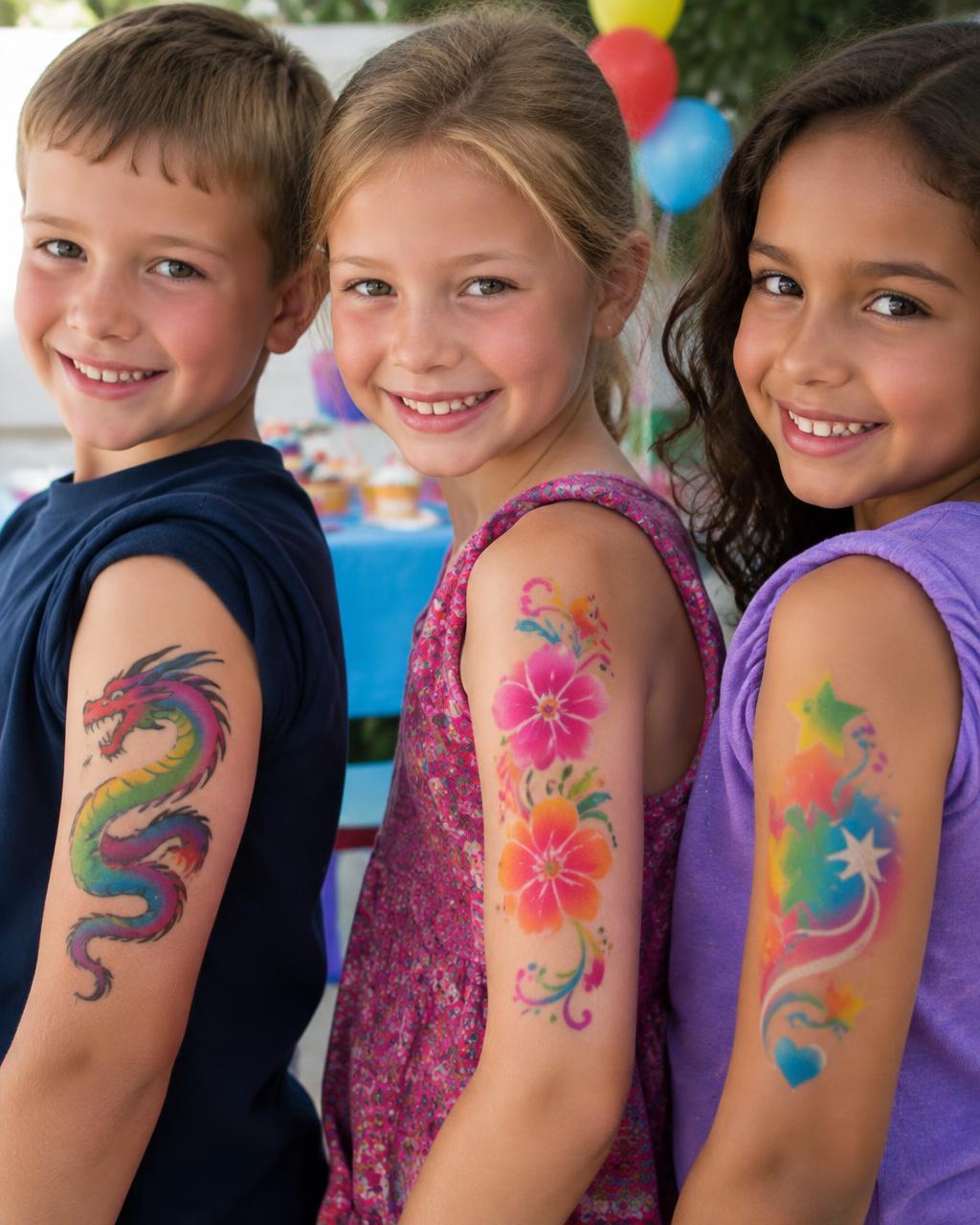 Three children smiling and showing their temporary airbrush tattoos at a birthday party