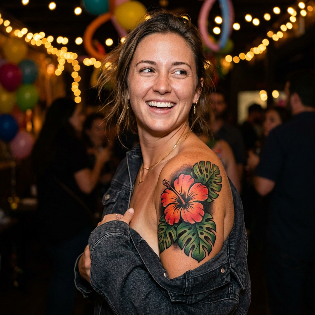 Party guest showing a colorful red hibiscus and green monstera temporary airbrush tattoo on her shoulder