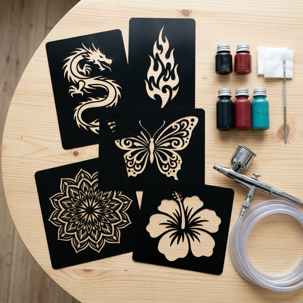 Reusable black airbrush tattoo stencils with cut-out dragon, flame, butterfly, mandala and hibiscus designs beside an airbrush and ink bottles